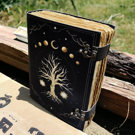 400 Page Large Grimoire leather journal, Tree of Life fat Leather Journal, Blank spell book book of shadows Celestial Gifts For Him Her