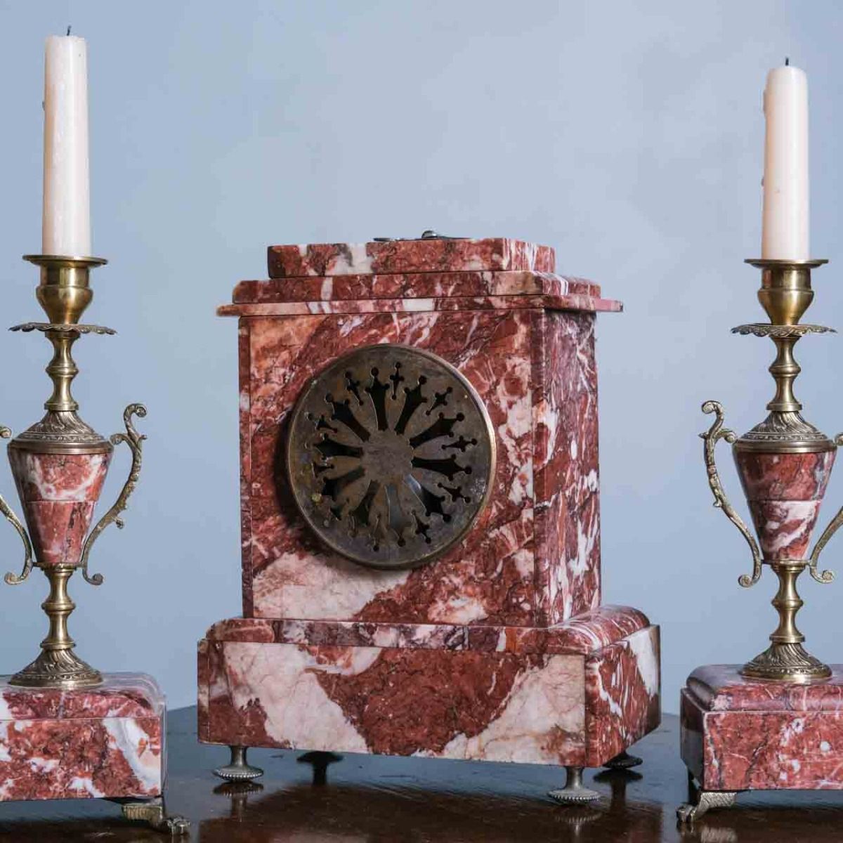 Antique Fireplace Clock, Set brass and marble Fireplace Clock with Candlesticks from France